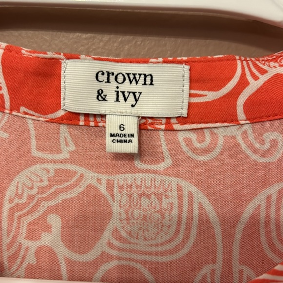 Crown & Ivy Long Sleeve Roll Tab Coral Orange White Novelty Print Size 6 Dress - Picture 5 of 10